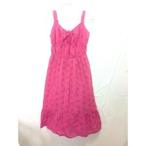 Pink Pineapple Cotton Eyelet Midi Dress Ruffle Hem Spaghetti Strap Size M